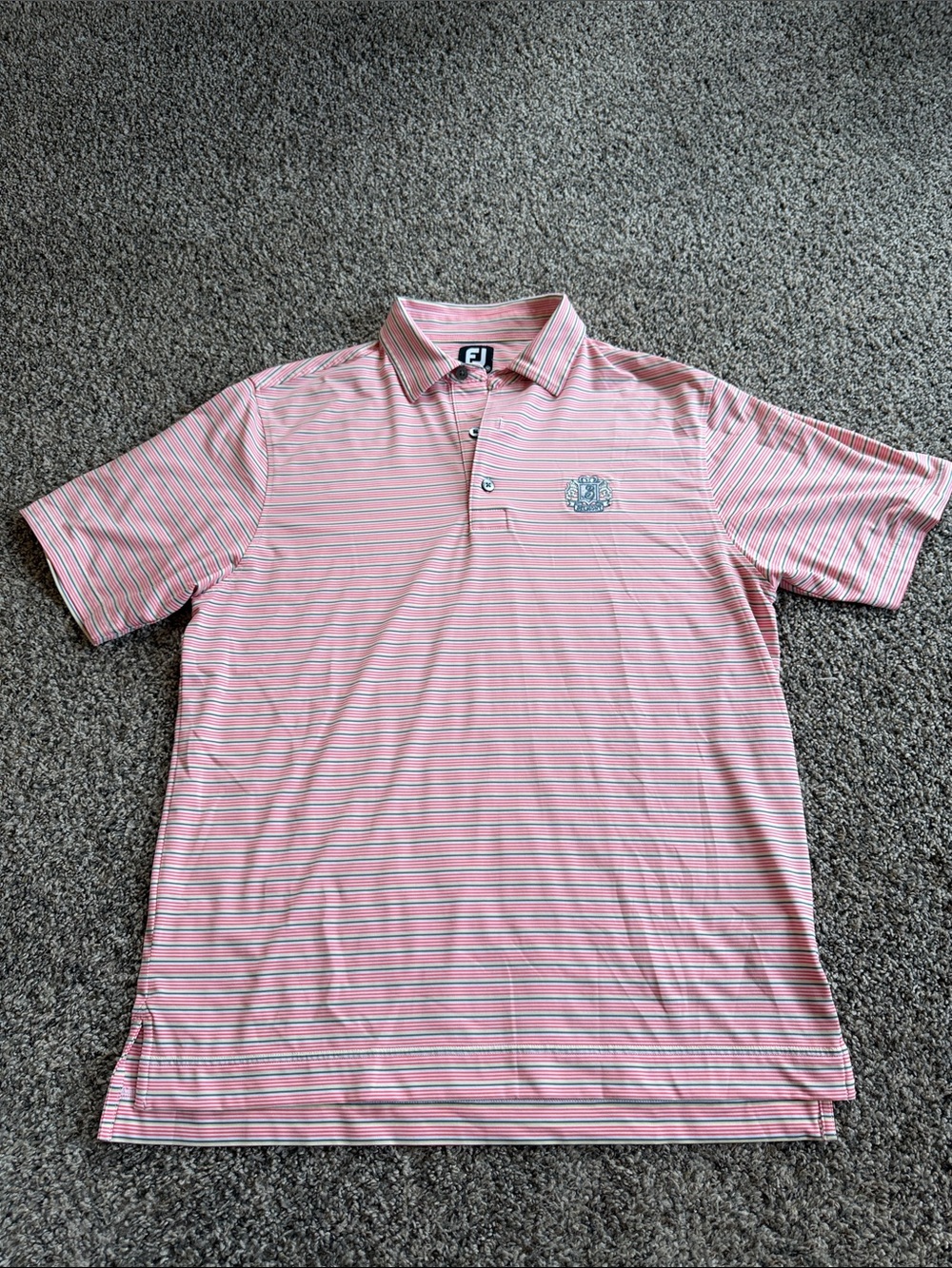 FootJoy Men’s Pink, White & Light Blue Striped Golf Polo Size Medium